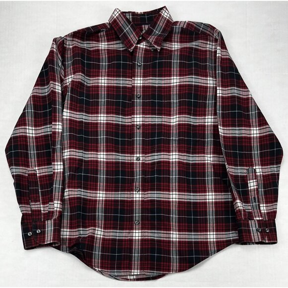 St Johns Bay Shirt Mens Medium Red Black Plaid Button Down Easy Care Classic - Picture 1 of 6